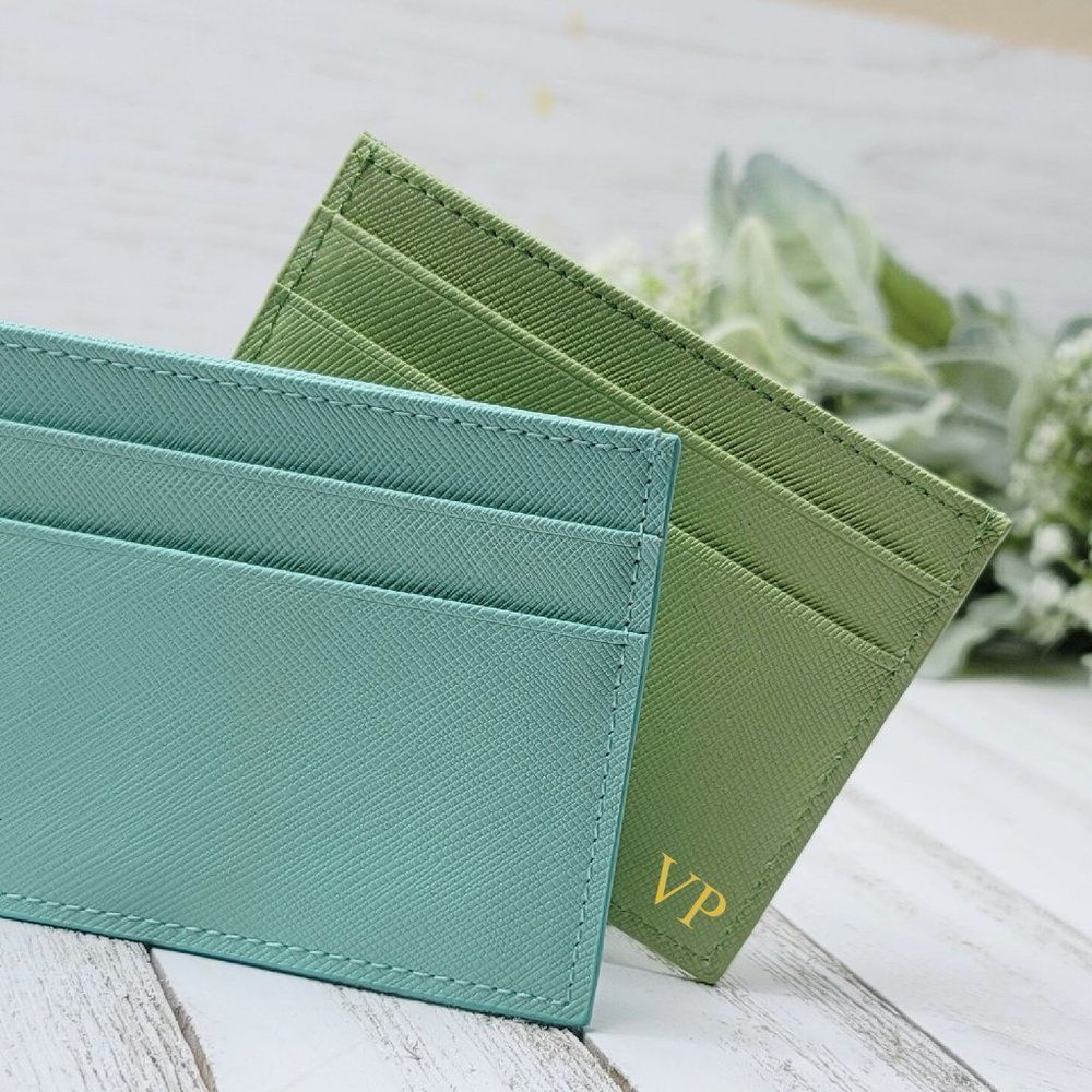 Green Genuine Saffiano Leather Card Case Small Wallet for Woman FREE Monogram